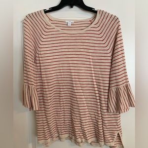 JJill Large beige linen sweater with thin red stripe. Bell sleeves.